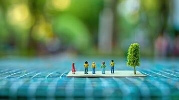 Miniature figures standing on a board in a vibrant park, surrounded by greenery and blurred background photo