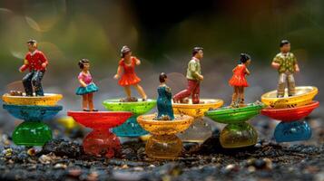 Miniature figures dancing on colorful bowls in a rain-soaked outdoor setting with blurred background photo