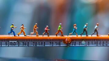 Miniature figures running along a measuring tape with a blurred colorful background photo
