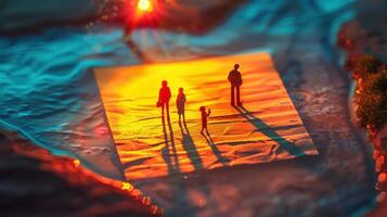 Miniature figures casting long shadows on a textured surface, illuminated by warm light photo