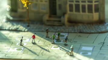 Miniature figures interacting on a detailed map with a city backdrop during daylight photo