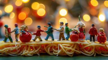 Miniature figures walking on spaghetti, festive background with blurred lights creating a joyful atmosphere photo