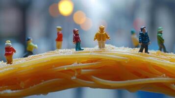 Miniature figures walking on a spaghetti strand in a cityscape with blurred lights in the background photo