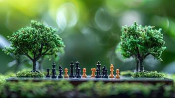 Miniature chess set surrounded by lush greenery, highlighting a strategic game in nature's tranquility photo