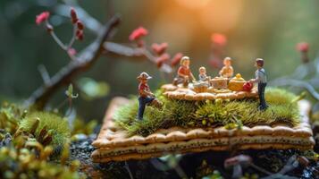 Miniature figures enjoying a picnic on a grassy surface surrounded by vibrant flowers and greenery photo