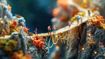 Miniature figures crossing a delicate bridge in a vibrant autumn landscape surrounded by colorful foliage photo