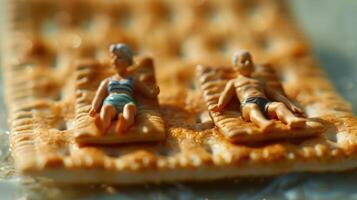 Miniature figures relaxing on a cracker, evoking a playful beach scene in a whimsical setting photo