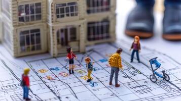 Miniature figures interacting on a blueprint near a detailed model house in a creative setup photo