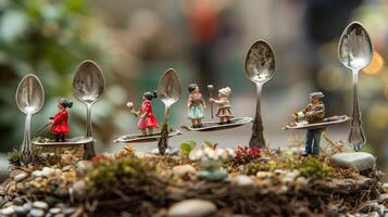 Miniature figures in vibrant clothing interact with oversized spoons in a whimsical garden setting photo
