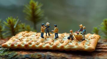 Miniature figures engage in conversation and trade on a cracker amidst a forest backdrop photo