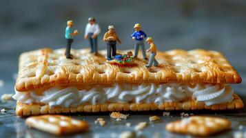 Miniature figures engaged in a playful scene atop a large dessert, showcasing creativity and fun photo
