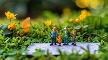 Miniature figures exploring a vibrant garden path surrounded by colorful flowers and greenery photo