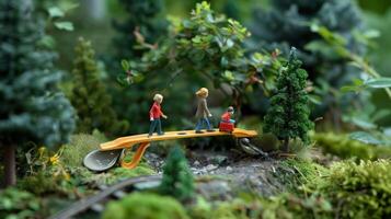 Miniature figures crossing a vibrant bridge in a lush forest setting with detailed foliage photo