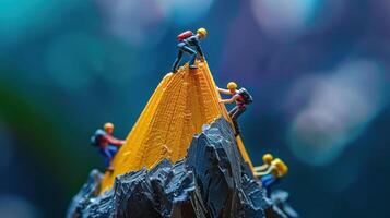 Miniature climbers scaling a vibrant mountain peak under a colorful bokeh background photo