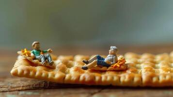 Miniature figures relaxing on a cracker, showcasing a whimsical scene of leisure and fun photo