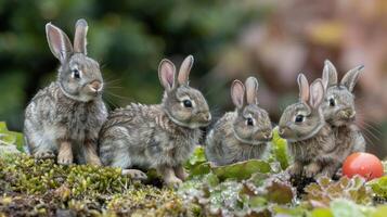 Group of adorable rabbits sitting on mossy ground with colorful foliage in the background photo
