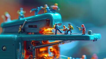Miniature figures engaged in various activities on a colorful toy machine in a vibrant setting photo