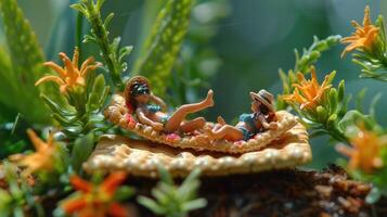Two miniature figures lounging on a raft amid vibrant tropical foliage and flowers photo
