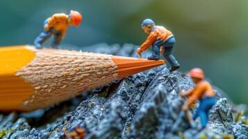 Miniature workers sharpening a giant pencil on a rocky surface in a vibrant, blurred background photo