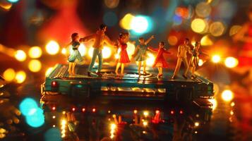 Miniature figurines dancing on a vibrant surface with bokeh lights in the background photo