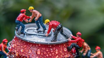 Miniature construction workers repairing a soda can amidst droplets, showcasing teamwork in nature photo