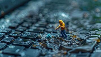 Miniature figure cleaning a keyboard submerged in water, showcasing a surreal scene of technology photo