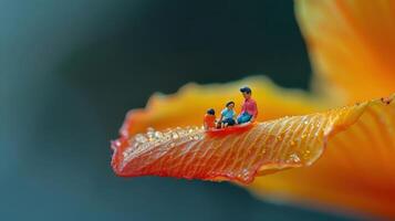 Miniature figures sitting on a vibrant flower petal with dew drops in a serene background photo