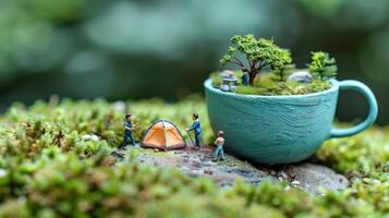 Miniature camping scene in a cup with figures setting up a tent amidst lush greenery photo