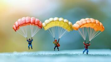 Miniature figures parachuting down with colorful canopies against a blurred natural backdrop photo