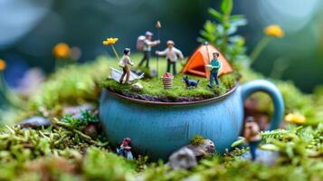Miniature camping scene in a blue cup surrounded by lush greenery and flowers, depicting leisure activities photo