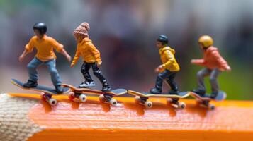 Four miniature skateboarders performing tricks on a colorful rail in a vibrant urban setting photo