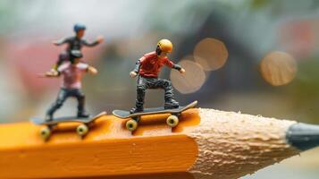 Miniature skateboarders performing tricks on the tip of a giant pencil in a blurred outdoor setting photo