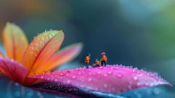 Miniature figures interacting on a vibrant flower petal adorned with dew drops in a serene setting photo