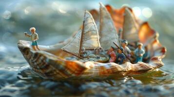 Miniature figurines sailing on a seashell boat in shimmering water with a blurred background photo