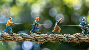Miniature figurines of workers pulling a rope in a vibrant outdoor setting with blurred greenery photo