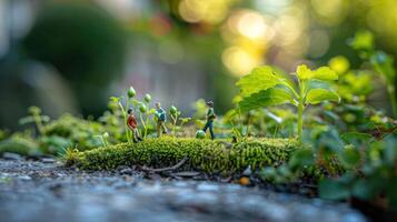 Miniature figures exploring a lush green mossy landscape during golden hour with blurred background photo