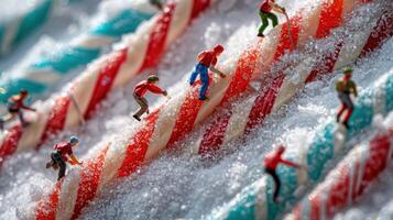 Miniature climbers ascend colorful candy canes dusted with sugar, creating a whimsical scene photo