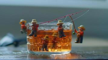 Miniature figures fishing in a glass of whiskey, showcasing a playful scene on a wooden table photo