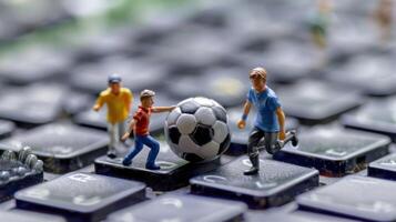 Miniature soccer players engaging in a match on a computer keyboard, showcasing a playful blend of technology and sport photo