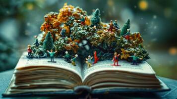 Miniature figures exploring a vibrant forest scene atop an open book, surrounded by a dreamy atmosphere photo