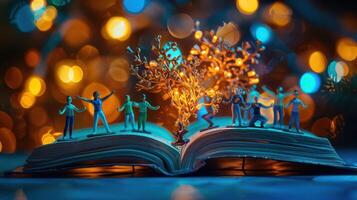 Miniature figures dancing around a glowing tree emerging from an open book with a bokeh background photo