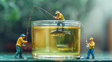 Miniature fishermen engaged in a lively catch within a glass of yellow liquid, surrounded by greenery photo