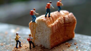 Miniature climbers scaling a giant slice of bread with crumbs scattered around, outdoors scene photo