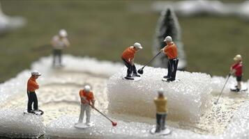 Miniature golfers engage in a playful tournament on a sugar landscape with trees in the background photo