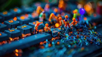 miniatura construcción trabajadores reparando un vistoso teclado en medio de enredado alambres y luces foto