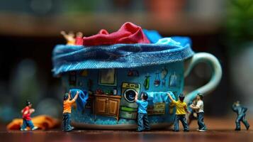 Miniature figures engaged in a playful laundry scene inside a colorful cup, with vibrant fabrics photo