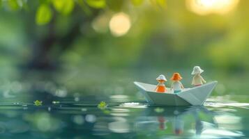 Three miniature figures in a paper boat on a serene lake surrounded by lush greenery photo