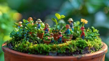 Miniature gardeners tending to vibrant plants in a lush pot, surrounded by greenery and flowers photo