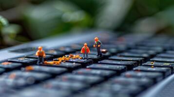 Miniature figures cleaning a keyboard surrounded by scattered orange particles in a lush setting photo