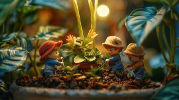Miniature figurines gardening in a lush indoor setting, surrounded by vibrant plants and warm light photo